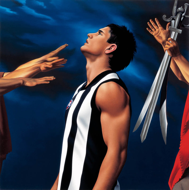 Ross Watson painting of Footballer Brodie Holland in collingwood guernsey with swords depicted behind his back and hands toward his face