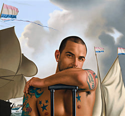 Ross Watson painting of shirtless Marco Da Silva leaning on suitcase handle with classical reference of ship's sails flying french flag by Bakhuysen 