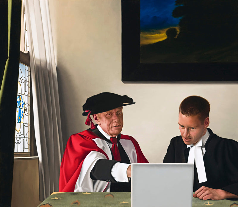 Ross Watson painting of Michael Kirby and Dean Allright in legal robes in room inspired by Vermeer