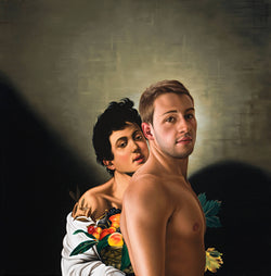 Ross Watson painting of Matthew Mitcham shirtless in front of Caravaggio inspired boy with basket of fruit