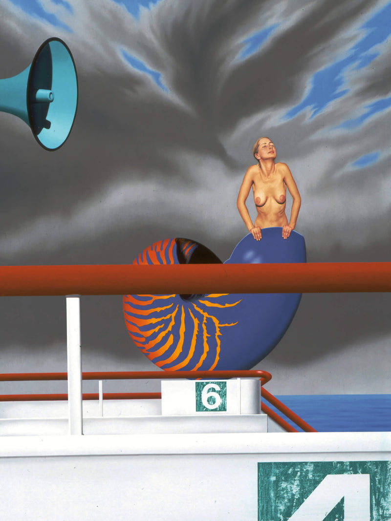 Surrealist painting of woman emerging from oversized nautilus shell in a stormy sky on top of boat with speaker in foreground