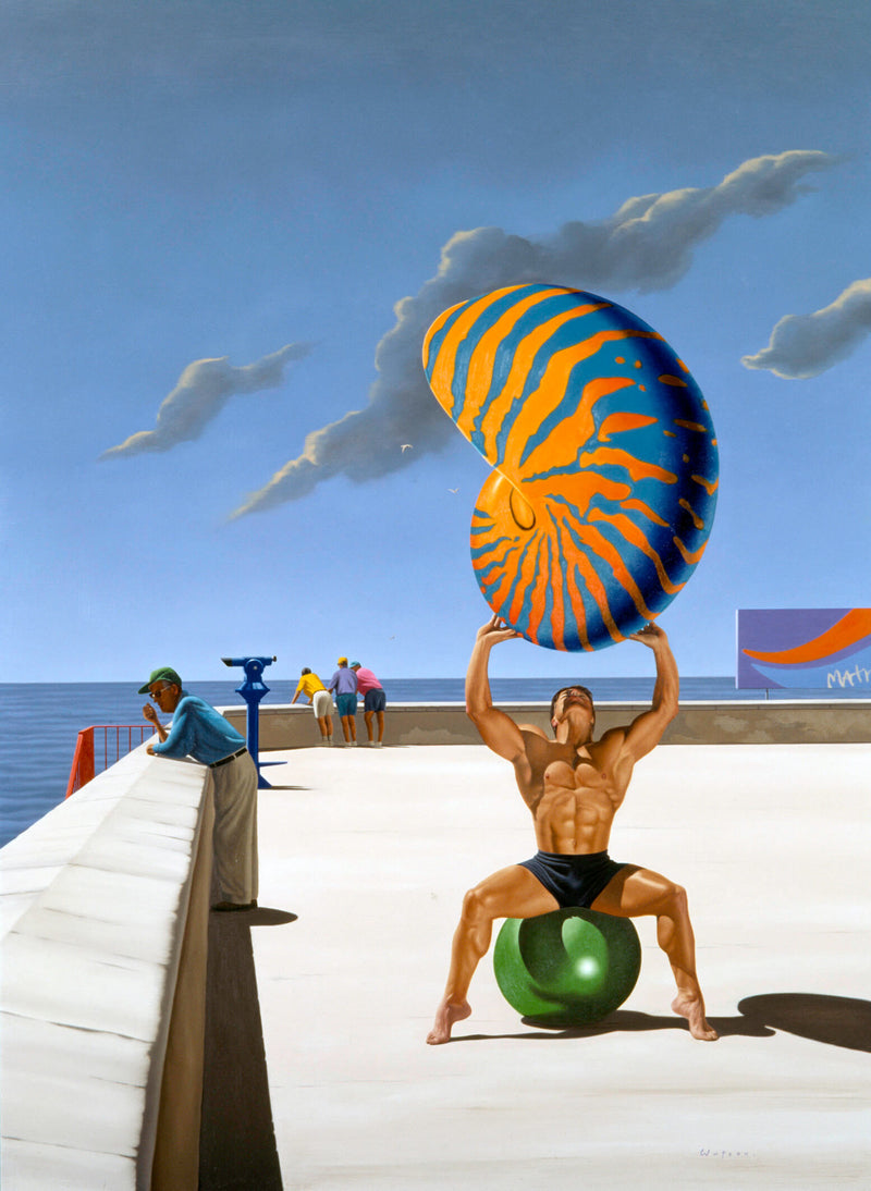 Surrealist painting of man sitting on rubber ball at beachside location holding a giant nautilus shell over his head