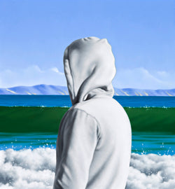 Ross Watson painting of a person wearing white hoody at the beach