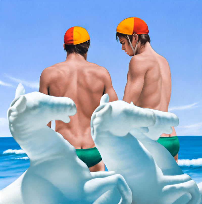 Ross Watson painting of twin lifesavers wearing red and yellow caps and green speedos behind three white inflatable horses