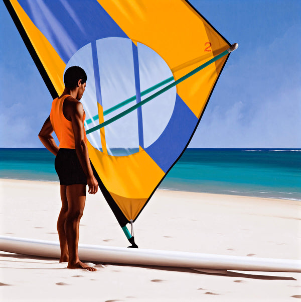 Ross Watson painting of black man in orange singlet standing on beach in front of windsurfer with yellow and blue sail